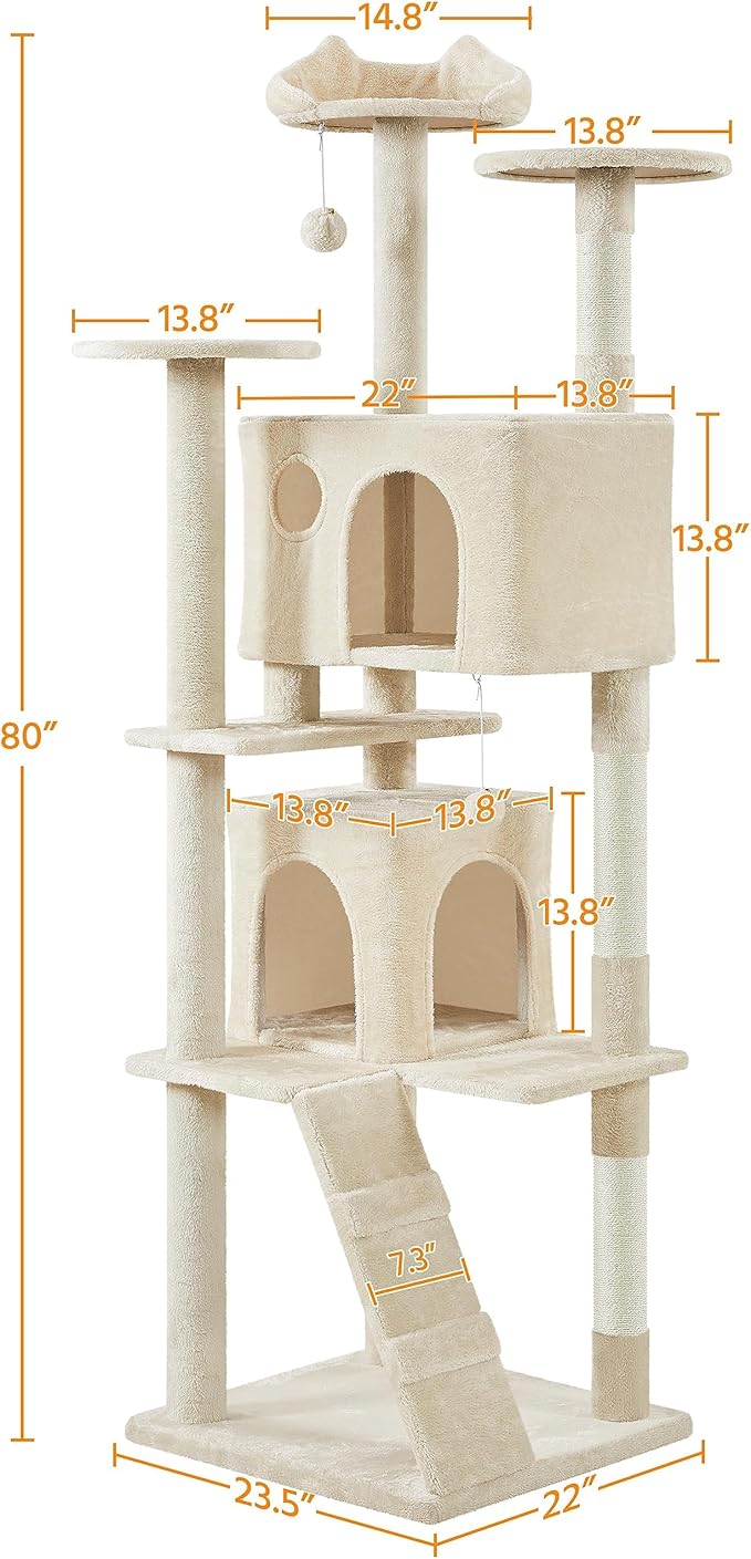 Yaheetech XL Cat Tree, 80in Multi-Level Tower w/Scratching Posts, Double Condo, Perched Platforms & Dangling Balls, Cat Stand House for Kittens
