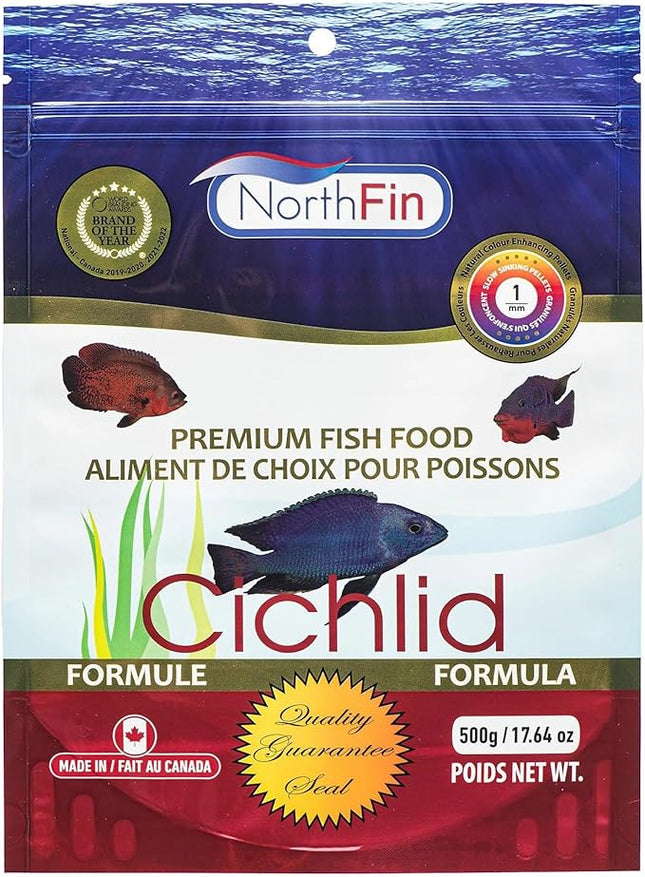 Northfin Cichlid Formula Fish Food – Slow Sinking Pellets for Cichlids (1mm, 500g) | Premium High-Protein, All-Natural Cichlid Diet to Enhance Color & Growth – No Fillers, No Hormones, Made in Canada