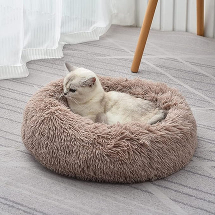 Cat Beds for Indoor Cats - Cat Bed Washable 20 inches, Dog Beds for Small Medium Dogs, Anti Anxiety Round Fluffy Plush Faux Fur Pet Bed, Thick Bottom (Light Brown, Medium)