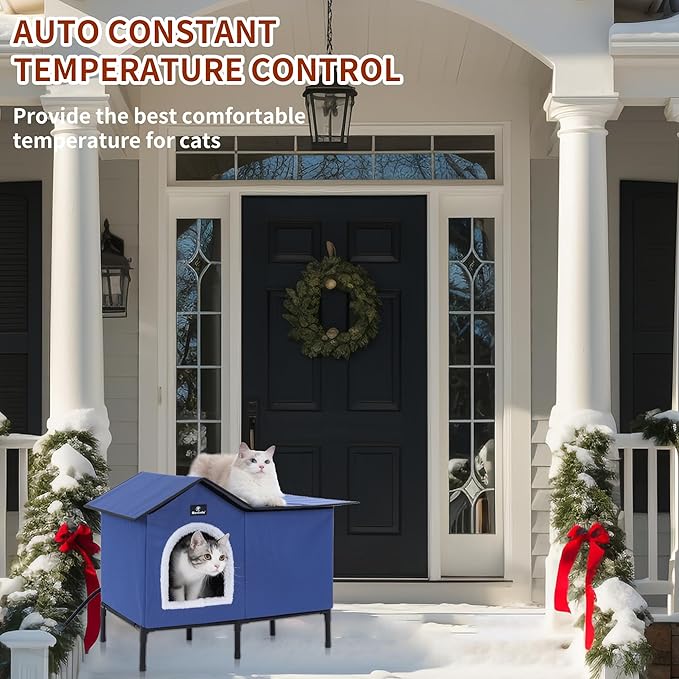 MARUNDA Heated Cat Houses for Outdoor Cats in Winter, Heated cat House for Indoor and Kitty Shelter for Your Pet to Stay Warm and Cozy,Easy to Assemble. (Dark Blue, Large)