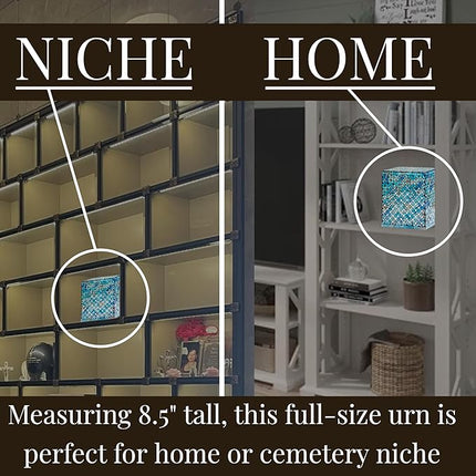 Blue Mosaic Cremation Urn - Hand Made Funeral Urn for Human Ashes - Large Adult Size Burial Urn - Hand Applied Individual Glass Tiles Create one of a Kind Work of Art - 200 cu in