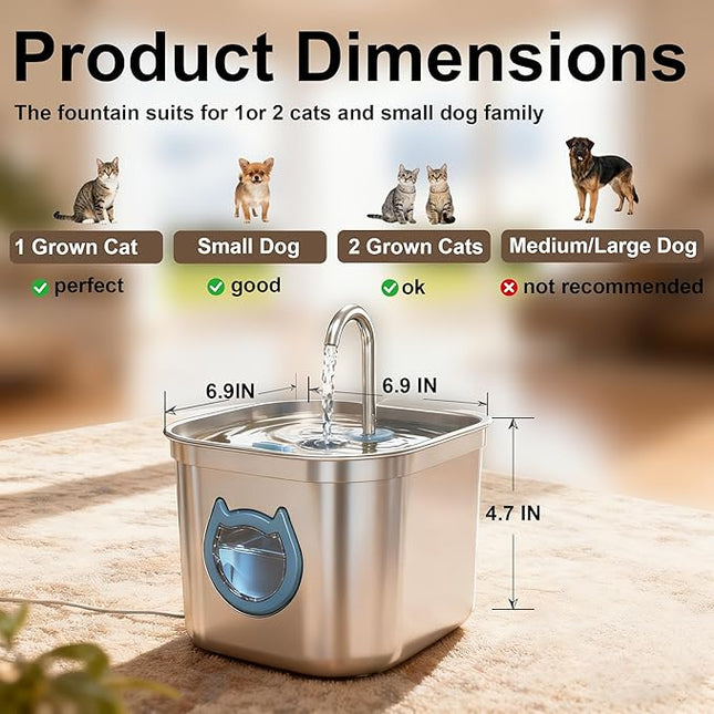 Luxury Automatic Cat Water Fountain for Pets, 2.2L/74oz Stainless Steel Dog Water Dispenser with Filter, BPA Free & Silent, Featuring LED Light, Easy Clean & Cat View Window