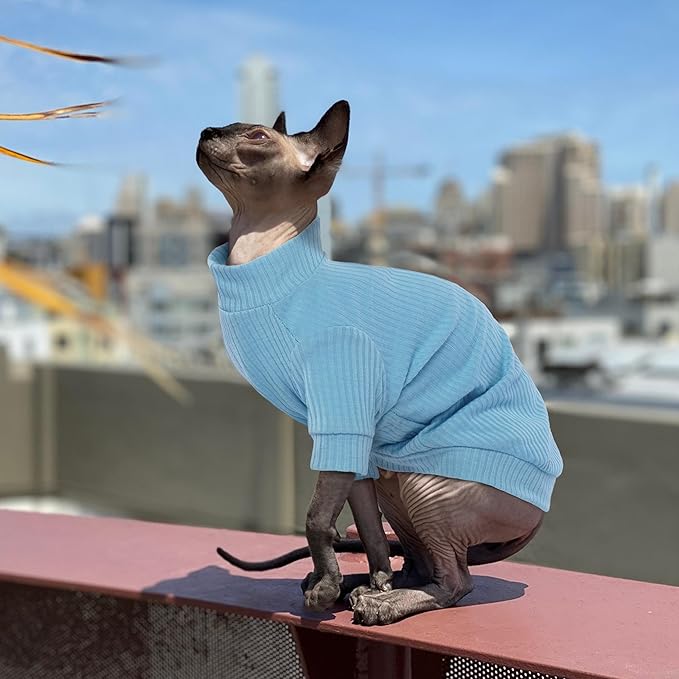 PUMYPOREITY Stretchy Cat Shirt & Sweater with Sleeves - Soft Cat Clothes for Sphynx, Devon Rex & More - Blue, XL