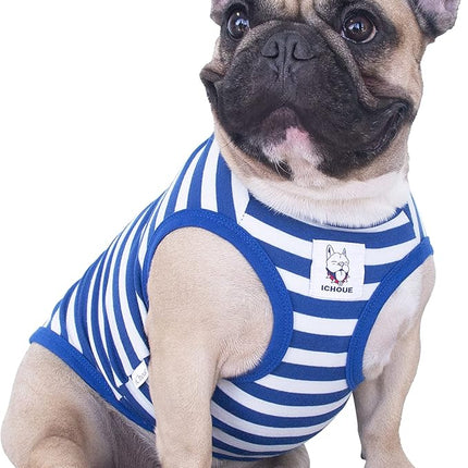 iChoue English Bulldog 100% Breathable Cotton Striped T Shirts Halloween Vest Clothes for Medium Dogs Tank Tops French Frenchie Pug Boston Terrier Pitbull White Blue Stripes - XXLarge