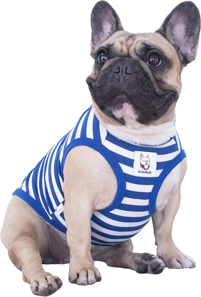 iChoue English Bulldog 100% Breathable Cotton Striped T Shirts Halloween Vest Clothes for Medium Dogs Tank Tops French Frenchie Pug Boston Terrier Pitbull White Blue Stripes - XXLarge