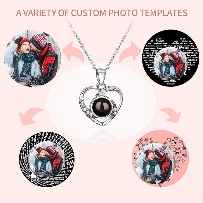Easycosy Personalized Picture Necklace Projection Necklace with Photo Inside - Custom Photo Heart Pendant Necklace - Photo Gifts Valentines Birthday Love Memorial Gifts for Girlfriend Wife Women