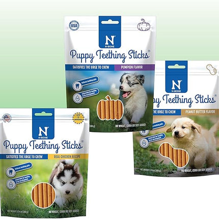 N-Bone Puppy Teething Sticks Variety Pack, Chicken & Pumpkin & Peanut Butter Flavor, Total 3 Bags, 11.22-oz