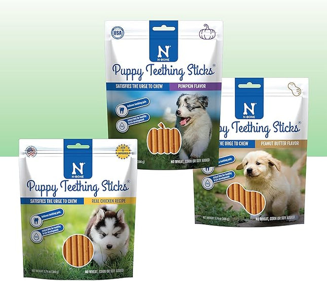 N-Bone Puppy Teething Sticks Variety Pack, Chicken & Pumpkin & Peanut Butter Flavor, Total 3 Bags, 11.22-oz