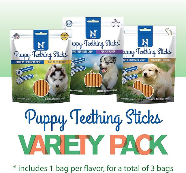 N-Bone Puppy Teething Sticks Variety Pack, Chicken & Pumpkin & Peanut Butter Flavor, Total 3 Bags, 11.22-oz