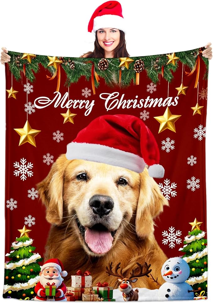 Personalized Christmas Pet Blanket, Custom Dog Portrait Blanket with Photo Name, Customized Throw Blanket for Dog Lovers, for Pet Lovers, Xmas Throw Blanket, Pet Memorial Gifts