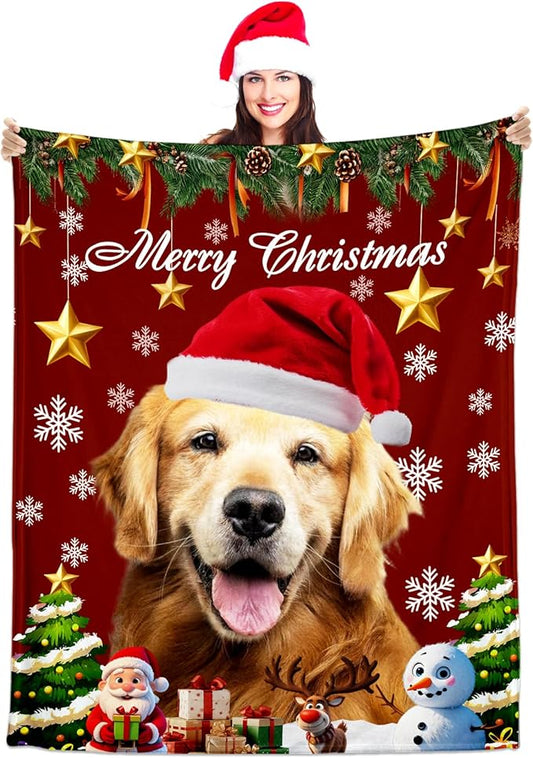 Personalized Christmas Pet Blanket, Custom Dog Portrait Blanket with Photo Name, Customized Throw Blanket for Dog Lovers, for Pet Lovers, Xmas Throw Blanket, Pet Memorial Gifts