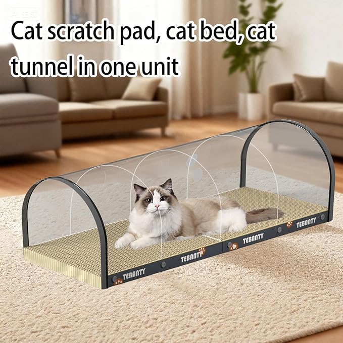 3 Function in 1 Cardboard Cat Scratcher Board, 31.5 in Cat Scratcher House, Cat Scratchers for Indoor Cats, Arched Cats Scratch Pad As Cat Bed, Cat Tunnel for Sleep, Grind Claws (Dark Gray)