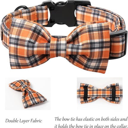 Lionet Paws Dog and Cat Fall Collar with Bowtie Black Orange Grid Dog Collar Plastic Buckle Light Adjustable Bow Tie Collars for Small Dogs Pets