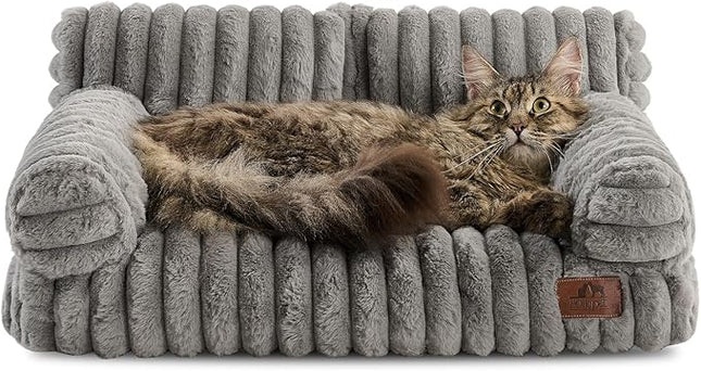 Hollypet Fluffy Plush Pet Cat Couch Soft Calming Pet Sofa Beds for Medium Small Cats and Dogs, Dark Gray
