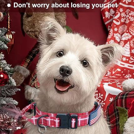 Hotsky Tactical Dog Collar, Adjustable Military Training Nylon Airtag Collar with Handle and Heavy Duty Metal Buckle for Medium Large Dogs, with Airtag Holder and Two Patches（Redplaid,M）