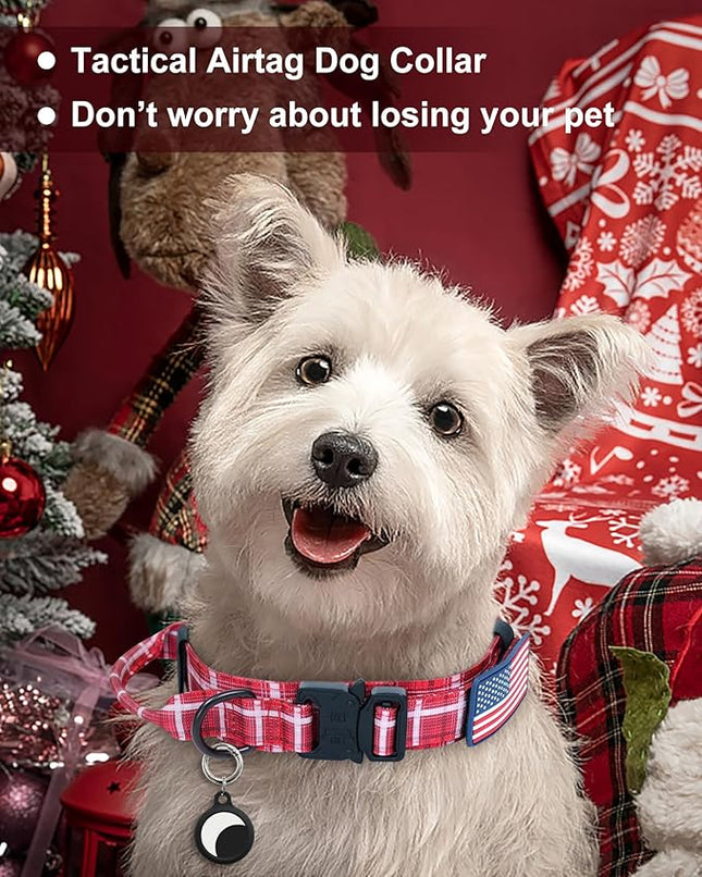 Hotsky Tactical Dog Collar, Adjustable Military Training Nylon Airtag Collar with Handle and Heavy Duty Metal Buckle for Medium Large Dogs, with Airtag Holder and Two Patches（Redplaid,M）