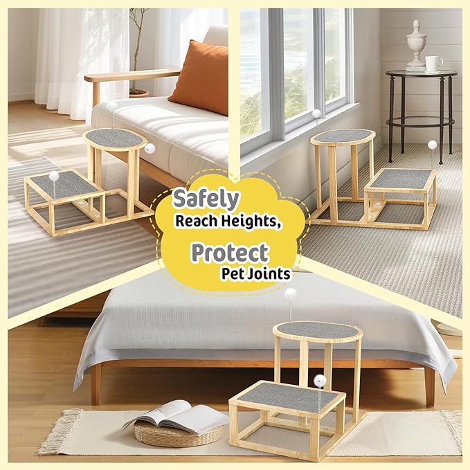 Pawaboo Cat Beds and Stairs, 2-Step Kitten Scratcher Hammock Bed with Cat Teasers & Hanging Ball, Wooden Kitties Hammock Staircase for High Beds Couch,Stair Shaped Cats Bed for Indoor Climbing Playing