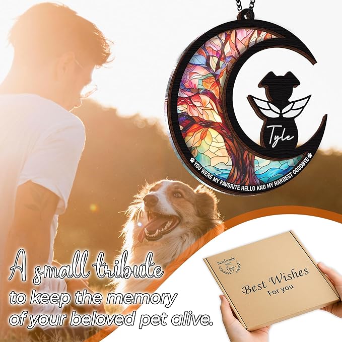 6" Dog Angel Memorial Suncatcher, Engraved Pet Memorial Ornament, Pet Sympathy Keychain, Loss of Animal Sympathy Card, Rainbow Bridge Dog Loss Gift, My Favorite Hello Hardest Goodbye PS190