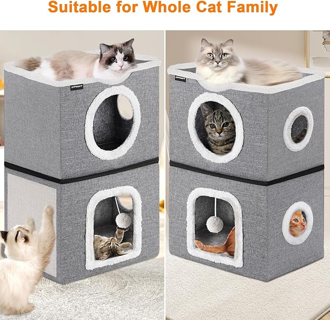 URPOWER 2 Story Cat Bed, Large Cat House for Indoor Cats Covered Cat Cave with Hideaway, Scratch Pad and Fluffy Ball, Foldable Cat Cube Condos Kitten Beds & Furniture for Multiple Small Pets