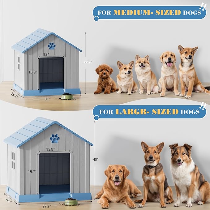Large Dog House Outdoor Indoor for Medium Large Dogs, Durable Plastic Waterproof Doghouse with Air Vents and Elevated Floor, Easy Clean and Assemble (Blue, 31" L x 33.3" W x 33.5" H)