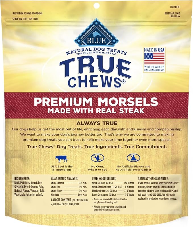 Blue Buffalo True Chews Premium Morsels Dog Treats, Made in The USA with Natural Ingredients, Steak, 10-oz Bag