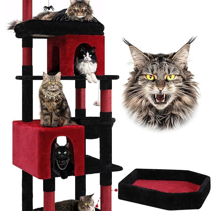 Globlazer Heavy Duty Gothic Cat Tree, 72in Large Cat Tower with Coffin Bed, Sturdy Maine Coon Cat Tree for Large Cats 20 lbs+, Medieval Castle Style with 6 Scratching Posts & Hammock, S72, Black & Red