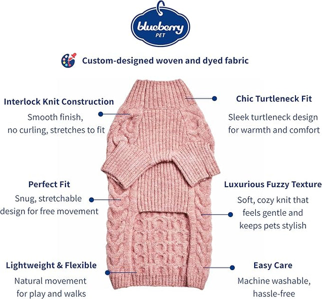 Blueberry Pet Classic Fuzzy Textured Knit Pullover Turtle-Neck Dog Sweater in Rainbow Pink, Back Length 10", Pack of 1 Clothes for Dogs