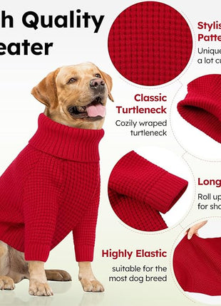 Queenmore XXL Dog Sweater, Long Sleeve Dog Sweaters, Turtleneck Dogs Sweaters for Large Breeds, Cold Weather Doggie Sweatshirt, Extra Large Pet Sweaters, Red 2XL