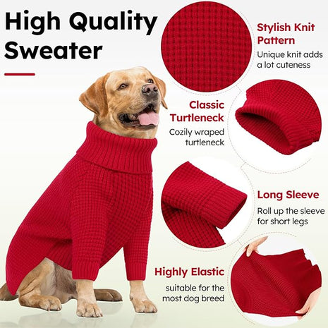 Queenmore XXL Dog Sweater, Long Sleeve Dog Sweaters, Turtleneck Dogs Sweaters for Large Breeds, Cold Weather Doggie Sweatshirt, Extra Large Pet Sweaters, Red 2XL