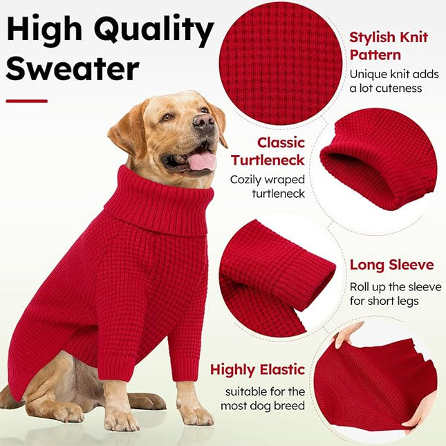 Queenmore XXL Dog Sweater, Long Sleeve Dog Sweaters, Turtleneck Dogs Sweaters for Large Breeds, Cold Weather Doggie Sweatshirt, Extra Large Pet Sweaters, Red 2XL