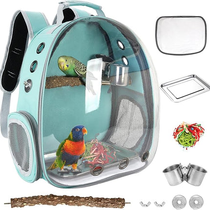 Bird Backpack Carrier with Perch, Portable Bird Travel Cage Bag, Clear Parrot Carrier Cockatiel Cage with Toy Stainless Steel Food Bowl Tray for Conures Parakeet Budgie Canary Lovebirds Small Animals