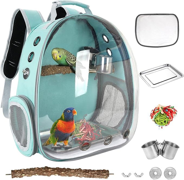 Bird Backpack Carrier with Perch, Portable Bird Travel Cage Bag, Clear Parrot Carrier Cockatiel Cage with Toy Stainless Steel Food Bowl Tray for Conures Parakeet Budgie Canary Lovebirds Small Animals