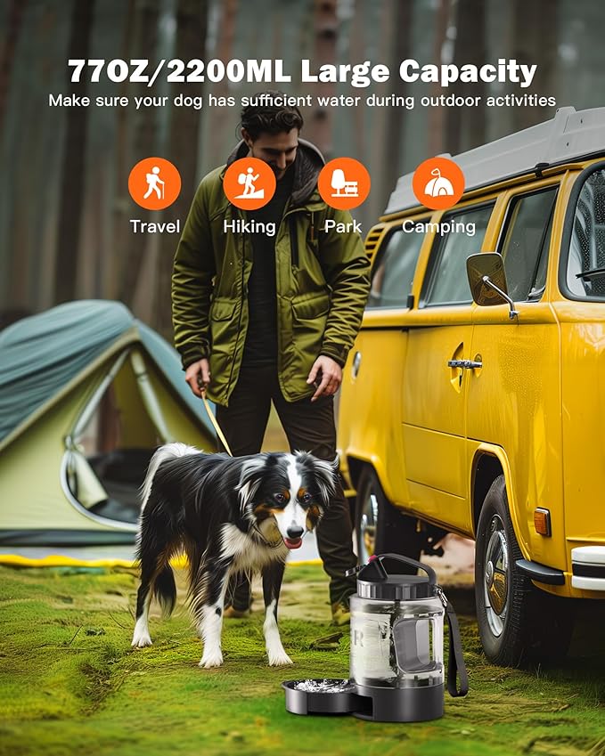 77oz Large Dog Water Bottle - Portable Travel Dog Water Dispenser & Bowl - Leak-Proof Pet Water Jug for Hiking, Camping, Walking & Car Trips, Black