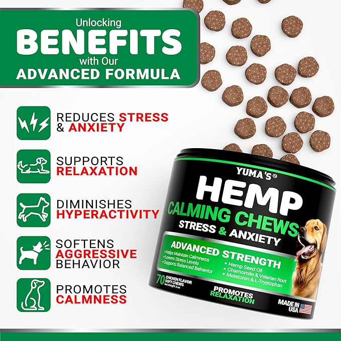 YUMA'S Advanced Calming Chews for Dogs - Hemp Dog Calming Chews - 70 Treats - Anxiety Relief Treats - Hemp Oil - Separation Aid, Stress, Hip and Joint Supplement for Canine Health Support