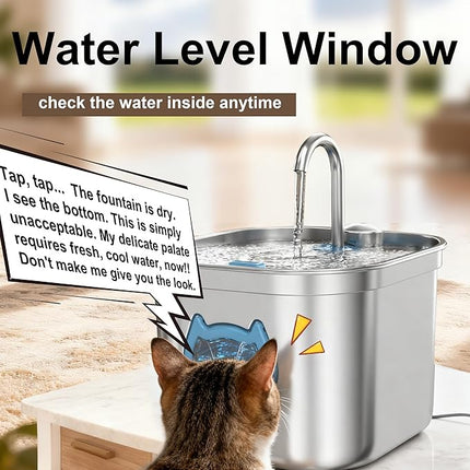 Luxury Automatic Cat Water Fountain for Pets, 2.2L/74oz Stainless Steel Dog Water Dispenser with Filter, BPA Free & Silent, Featuring LED Light, Easy Clean & Cat View Window