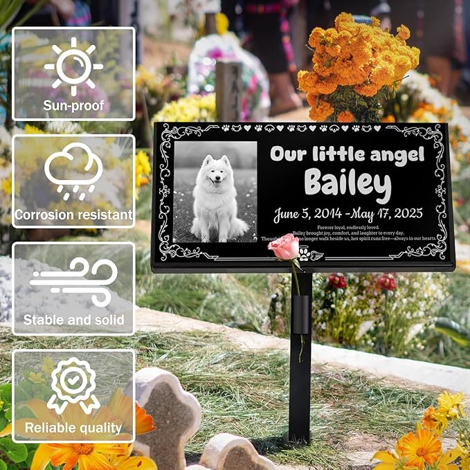 HDSD 12x6'' Personalized Pet Memorial Stones Black Granite Headstones for Dogs Laser Engraved with Photo (Pets)