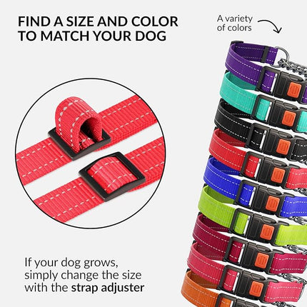 CollarDirect Martingale Dog Collar with Stainless Steel Chain and Quick Release Buckle - Reflective Collar for Large, Medium, Small Dogs - Red, Medium (Neck Size 14"-17")