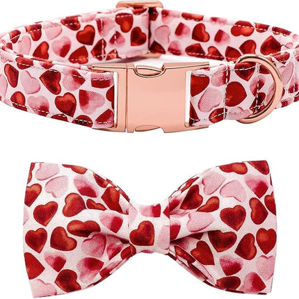 Maca Bates Valentine's Day Dog Collar with Fancy Bow for Extra Small Girl Boy Dogs,Red Love Hearts Pattern,Adjustable Durable Soft Valentine Gift for Female Male Puppy