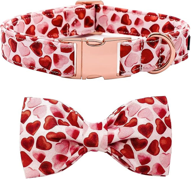 Maca Bates Valentine's Day Dog Collar with Fancy Bow for Extra Small Girl Boy Dogs,Red Love Hearts Pattern,Adjustable Durable Soft Valentine Gift for Female Male Puppy