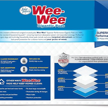 Four Paws Wee-Wee Superior Performance Unscented Large Pee Pads for Dogs & Puppies, Quilted Leak-Proof Dog Housebreaking Potty Training Floor Protection, 27.5" x 44", 150 Count