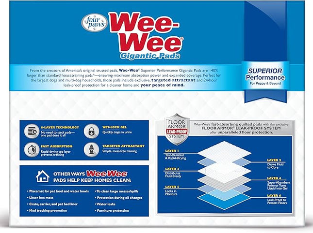 Four Paws Wee-Wee Superior Performance Unscented Large Pee Pads for Dogs & Puppies, Quilted Leak-Proof Dog Housebreaking Potty Training Floor Protection, 27.5" x 44", 150 Count