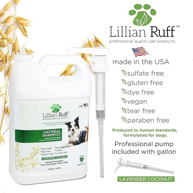 Lillian Ruff PRO Formula Deodorizing Oatmeal Dog Shampoo - Calms Itching & Allergies, Ultra-Nourishing Dry Skin Relief - Oatmeal, Aloe, Coconut Oil, Lavender & Provitamin B5 - Made in USA Gallon+Pump