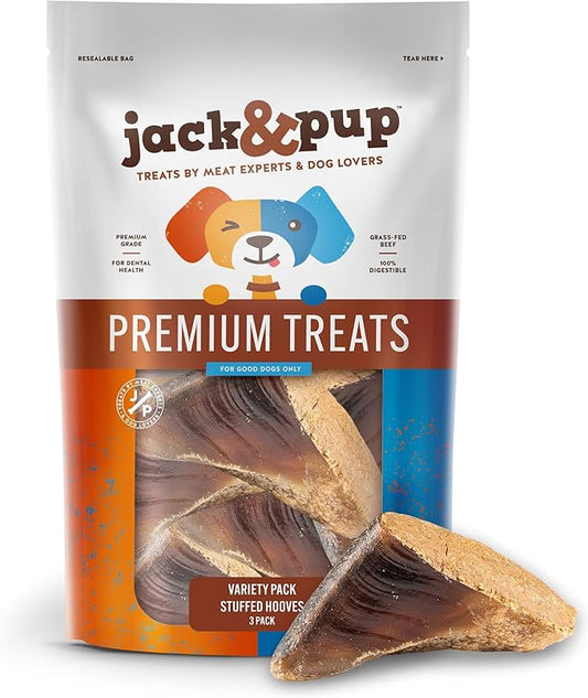 Jack&Pup Filled Cow Hooves for Dogs (Variety Pack), Cow Hoofs for Dogs, Natural Dog Chews, Stuffed Bones (Bacon and Cheese, Peanut Butter, Bully Stick Flavors) 3 Pack