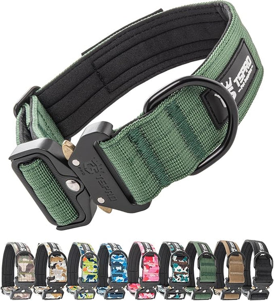 TSPRO Premium Dog Collars Tactical Dog Collar with Patch and Heavy Duty Quick-Release Metal Buckle Durable Thick and Adjustable for Medium to Large Dogs (Green L)
