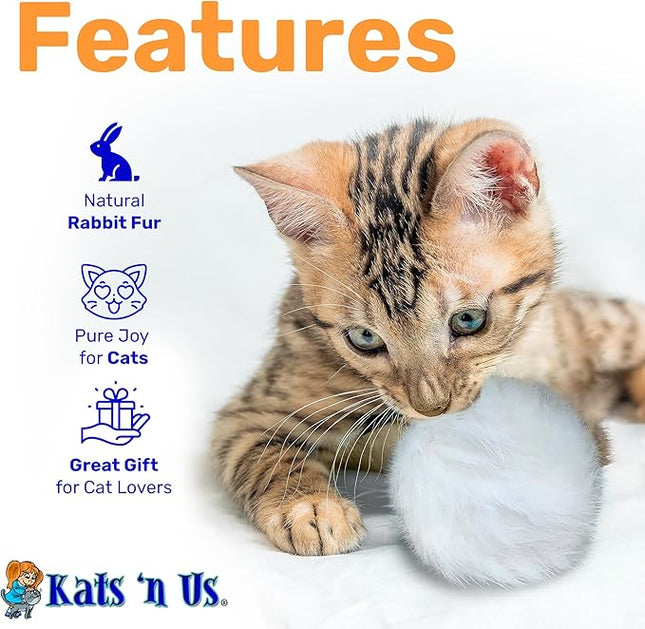 Kats'N Us Real Rabbit Fur Cat Ball Toy - Interactive Pom Pom, Plush, and Puff Balls for Indoor Cats and Kittens - Natural Color Cat Toy Balls - 5 Pack (White, 1.5-2 inch)