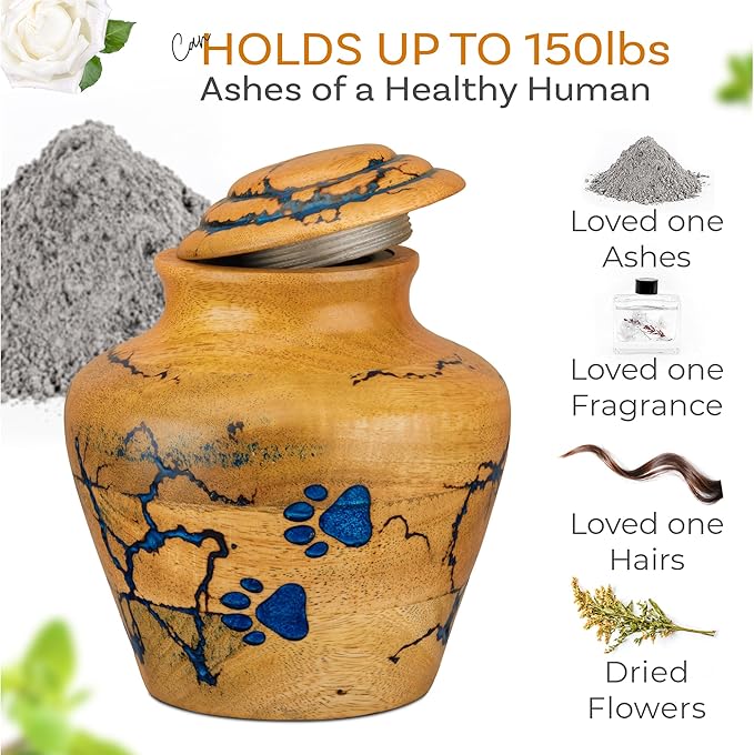 INTAJ Wooden Pet Urns for Dogs/Cats Ashes - Blue Resin Paws & Lichtenburg Design - Keepsake Cremation Urn Box, Pet Memorial Wooden Urns for Ashes, Small to Large Sizes (Classic, Medium)