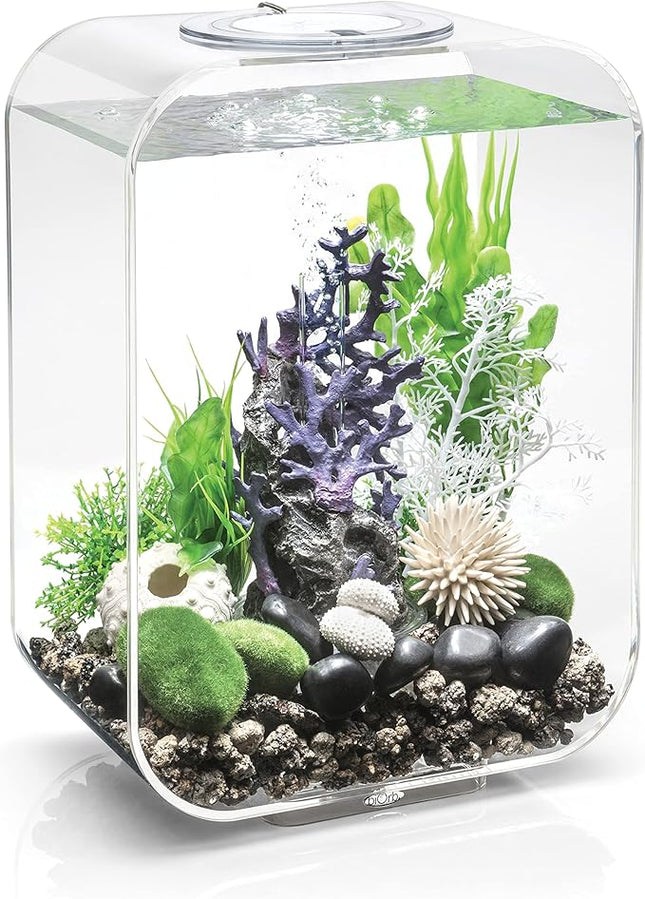 biOrb Life 15 Acrylic 4-Gallon Aquarium with White LED Lights Modern Compact Tank for Tabletop or Desktop Display, Transparent