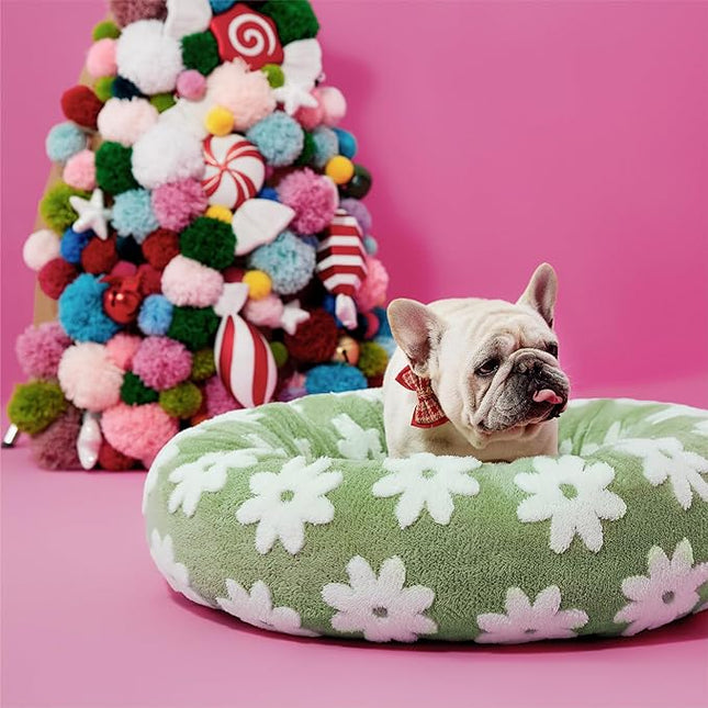 LE SURE Shown on TV Donut Medium Dog Bed - Round Cat Beds Indoor Christmas Bed Present for Calming Pets, Home Decor Cute Modern Beds with Jacquard Shaggy Plush & Anti Slip Bottom, 30 Inch, Green