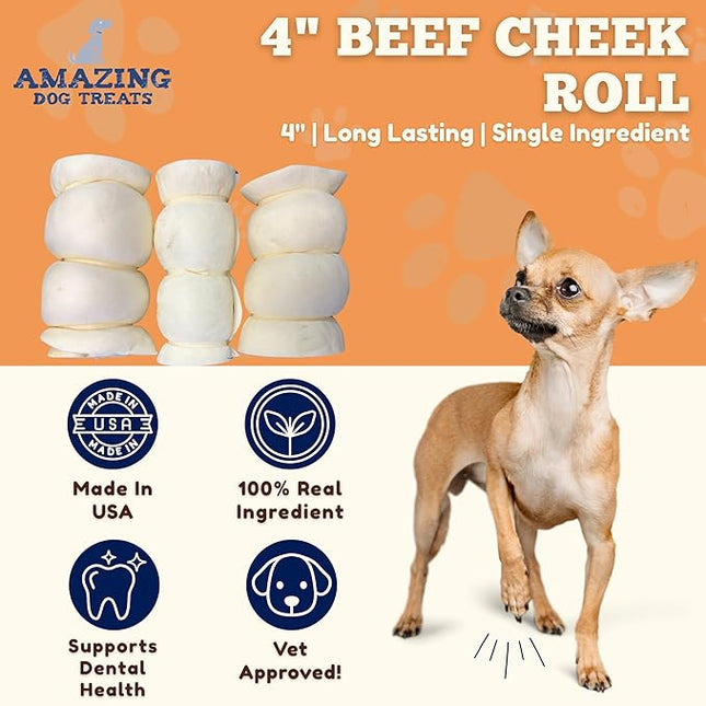 Amazing Dog Treats - Beef Cheek Rolls (Mega Thick 4" - 6 Pcs) - Safe Rawhide Alternative Dog Chew - Great for Power Chewers - Long Lasting Dog Chew - Retriever Rolls for Dogs