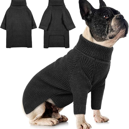 Queenmore Turtleneck Long Sleeve Knitted Sweater with Check Pattern, Fall Winter Warm Sweaters for Small to Large Dogs and Cats, Charcoal Gray